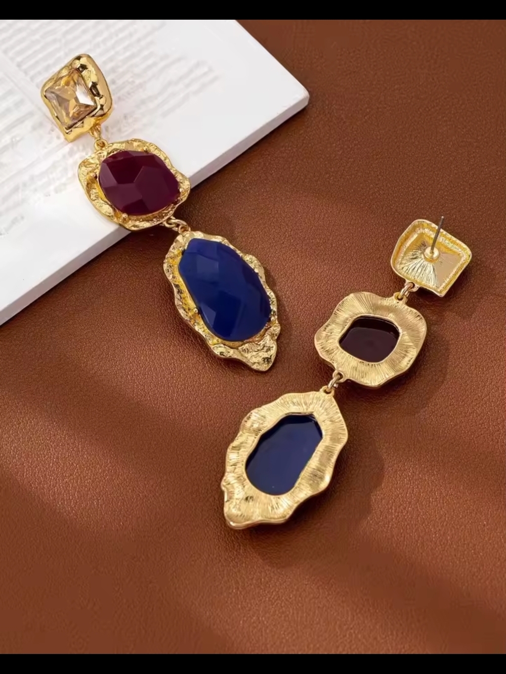 Gold-Tone Earrings with Purple & Blue Stones - Picture 4 of 6